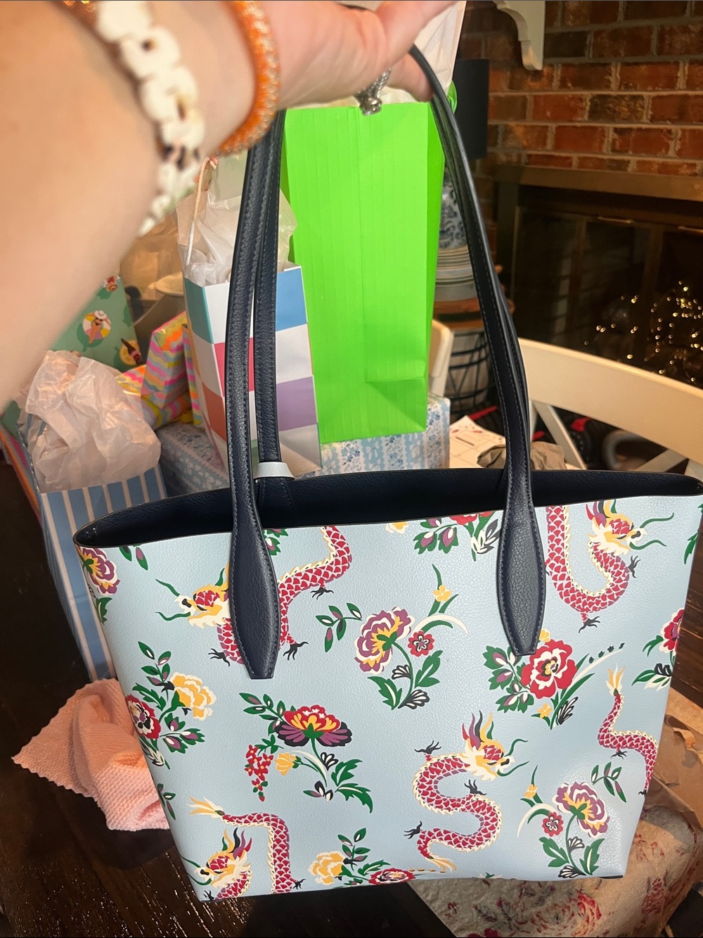 kate spade Light Blue Dragon & Floral Tote with Navy Straps-Reversible! - Picture 6 of 10
